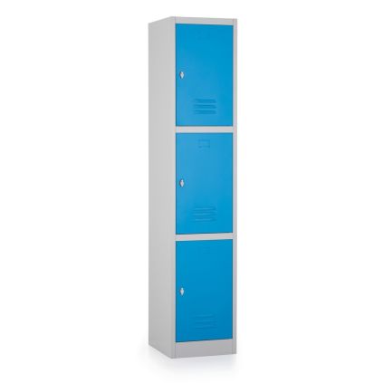 Kovová šatní skříňka - 3 boxy, 38 x 45 x 185 cm, otočný zámek, modrá - ral 5012