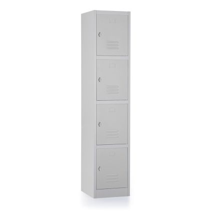 Kovová šatní skříňka - 4 boxy, 38 x 45 x 185 cm, otočný zámek, šedá - ral 7035