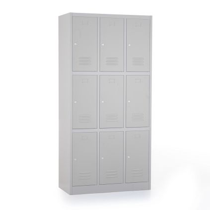 Kovová šatní skříňka - 9 boxů, 90 x 45 x 185 cm, cylindrický zámek, šedá - ral 7035