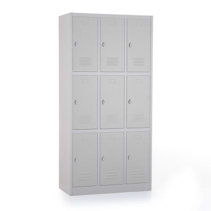Kovová šatní skříňka - 9 boxů, 90 x 45 x 185 cm, otočný zámek, šedá - ral 7035