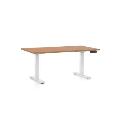 Výškově nastavitelný stůl OfficeTech C, 140 x 80 cm, bílá podnož, buk