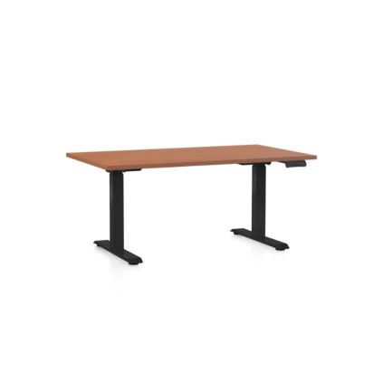 Výškově nastavitelný stůl OfficeTech D, 140 x 80 cm, černá podnož, třešeň