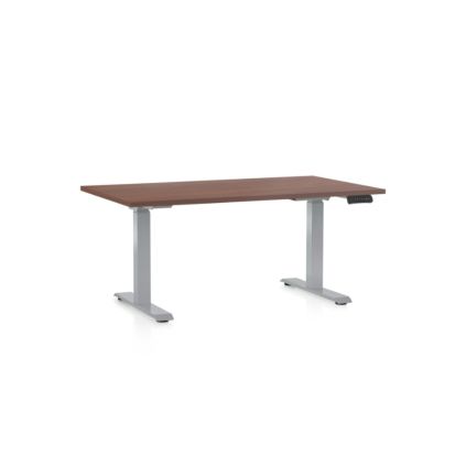 Výškově nastavitelný stůl OfficeTech D, 140 x 80 cm, šedá podnož, ořech