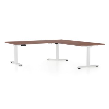 Výškově nastavitelný stůl OfficeTech Angle, 180 x 200 cm, bílá podnož, ořech