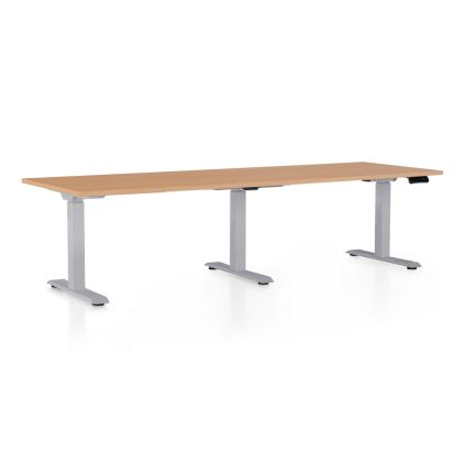 Výškově nastavitelný stůl OfficeTech Long, 240 x 80 cm, šedá podnož, buk