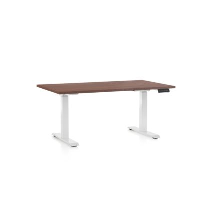 Výškově nastavitelný stůl OfficeTech D, 140 x 80 cm, bílá podnož, ořech