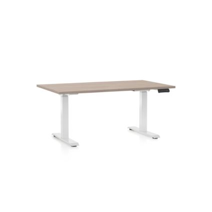 Výškově nastavitelný stůl OfficeTech D, 140 x 80 cm, bílá podnož, dub