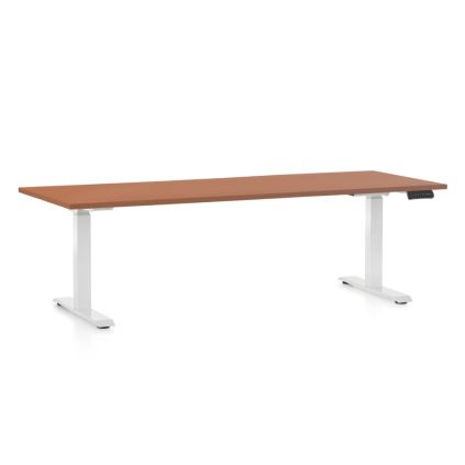 Výškově nastavitelný stůl OfficeTech D, 200 x 80 cm, bílá podnož, třešeň