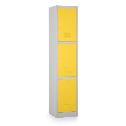 Kovová šatní skříňka - 3 boxy, 38 x 45 x 185 cm, cylindrický zámek, žlutá - ral 1023