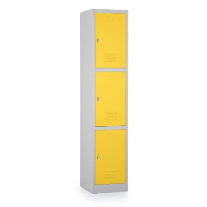 Kovová šatní skříňka - 3 boxy, 38 x 45 x 185 cm, otočný zámek, žlutá - ral 1023