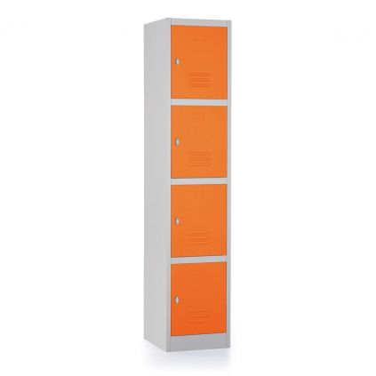 Kovová šatní skříňka - 4 boxy, 38 x 45 x 185 cm, otočný zámek, oranžová - ral 2004