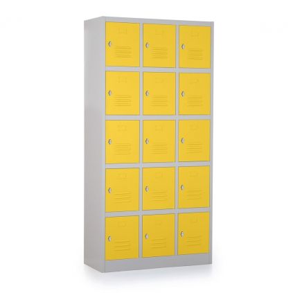 Kovová šatní skříňka - 15 boxů, 90 x 40 x 185 cm, otočný zámek, žlutá - ral 1023