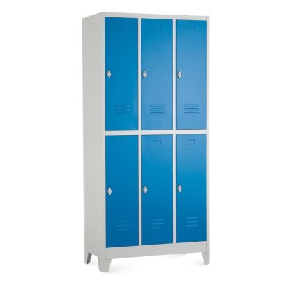 Kovová šatní skříňka - 6 boxů, 90 x 45 x 195 cm, pevné nohy, otočný zámek, modrá - ral 5012
