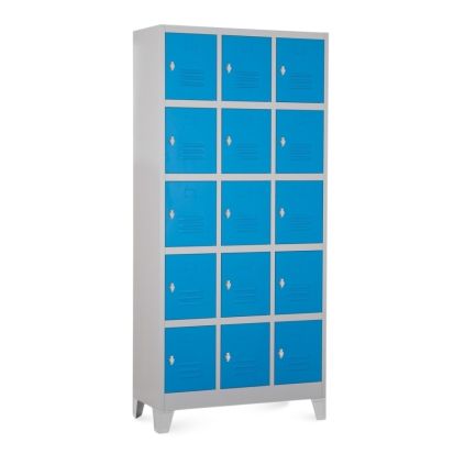 Kovová šatní skříňka - 15 boxů, 90 x 40 x 195 cm, pevné nohy, otočný zámek, modrá - ral 5012