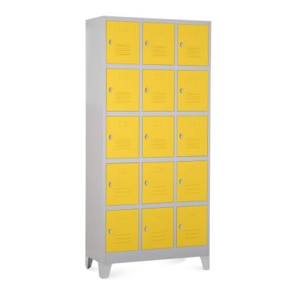 Kovová šatní skříňka - 15 boxů, 90 x 40 x 195 cm, pevné nohy, otočný zámek, žlutá - ral 1023
