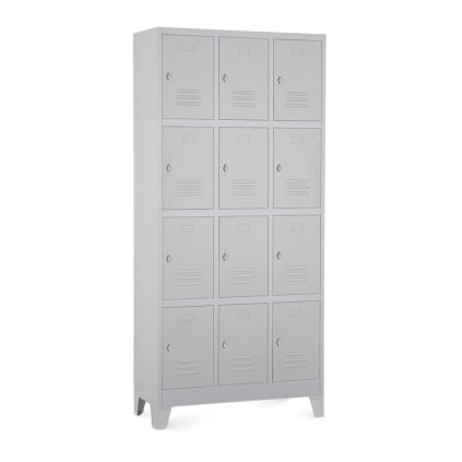 Kovová šatní skříňka - 12 boxů, 90 x 40 x 195 cm, pevné nohy, otočný zámek, světle šedá - ral 7035