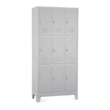 Kovová šatní skříňka - 9 boxů, 90 x 45 x 195 cm, pevné nohy, otočný zámek, světle šedá - ral 7035