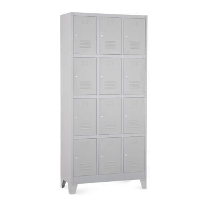 Kovová šatní skříňka - 12 boxů, 90 x 40 x 195 cm, pevné nohy, cylindrický zámek, světle šedá - ral 7035