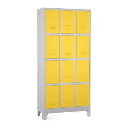 Kovová šatní skříňka - 12 boxů, 90 x 40 x 195 cm, pevné nohy, cylindrický zámek, žlutá - ral 1023
