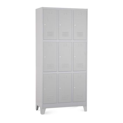 Kovová šatní skříňka - 9 boxů, 90 x 45 x 195 cm, pevné nohy, cylindrický zámek, světle šedá - ral 7035