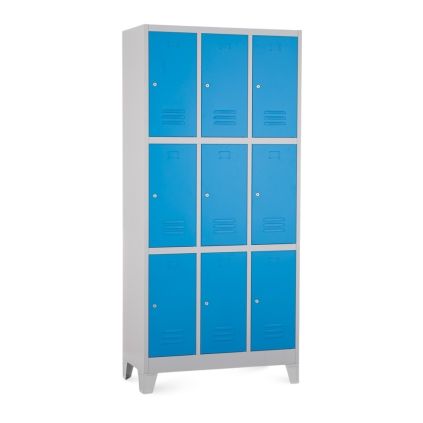 Kovová šatní skříňka - 9 boxů, 90 x 45 x 195 cm, pevné nohy, cylindrický zámek, modrá - ral 5012