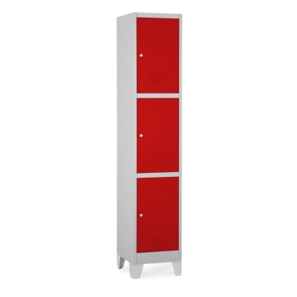 Kovová šatní skříňka - 3 boxy, 38 x 45 x 195 cm, pevné nohy, cylindrický zámek, červená - ral 3000