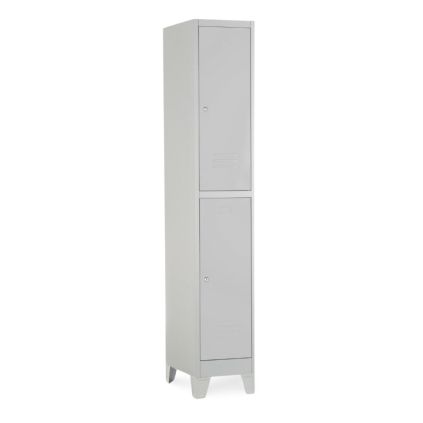 Kovová šatní skříňka - 2 boxy, 38 x 45 x 195 cm, pevné nohy, cylindrický zámek, světle šedá - ral 7035