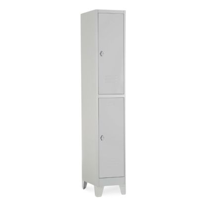 Kovová šatní skříňka - 2 boxy, 38 x 45 x 195 cm, pevné nohy, otočný zámek, světle šedá - ral 7035