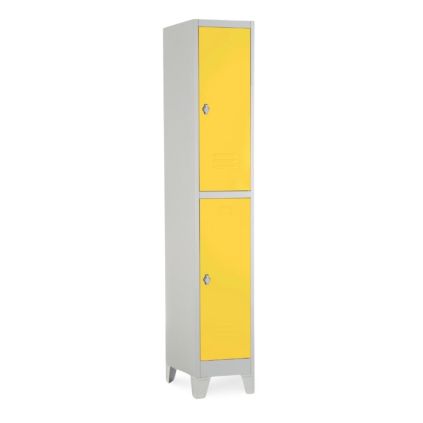 Kovová šatní skříňka - 2 boxy, 38 x 45 x 195 cm, pevné nohy, otočný zámek, žlutá - ral 1023