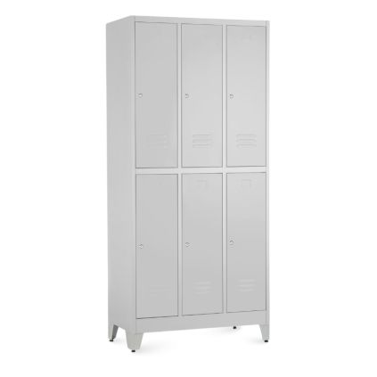 Kovová šatní skříňka - 6 boxů, 90 x 45 x 196,5 cm, nastavitelné nožky, cylindrický zámek, světle šedá - ral 7035