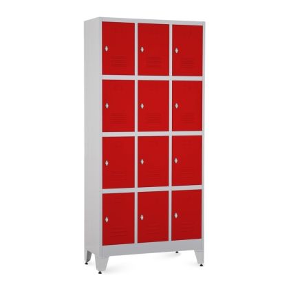 Kovová šatní skříňka - 12 boxů, 90 x 40 x 196,5 cm, nastavitelné nožky, otočný zámek, červená - ral 3000