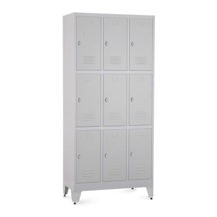 Kovová šatní skříňka - 9 boxů, 90 x 45 x 196,5 cm, nastavitelné nožky, otočný zámek, světle šedá - ral 7035