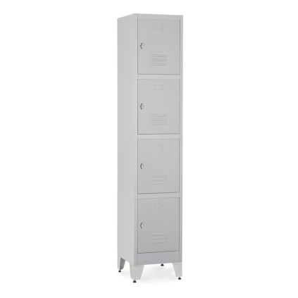 Kovová šatní skříňka - 4 boxy, 38 x 45 x 196,5 cm, nastavitelné nožky, otočný zámek, světle šedá - ral 7035