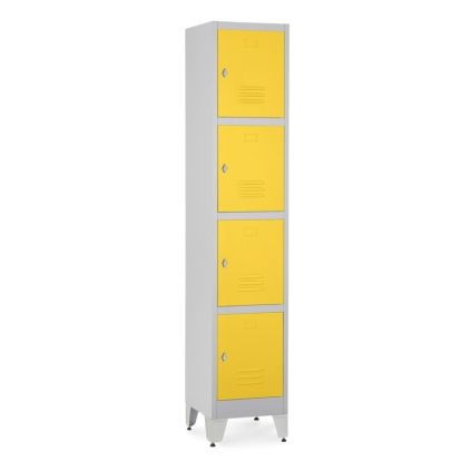 Kovová šatní skříňka - 4 boxy, 38 x 45 x 196,5 cm, nastavitelné nožky, otočný zámek, žlutá - ral 1023