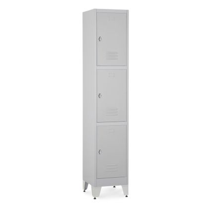 Kovová šatní skříňka - 3 boxy, 38 x 45 x 196,5 cm, nastavitelné nožky, otočný zámek, světle šedá - ral 7035