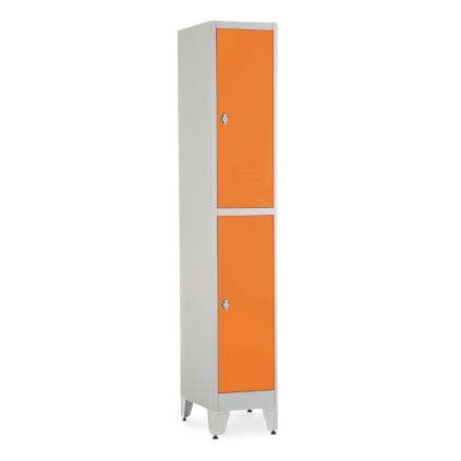 Kovová šatní skříňka - 2 boxy, 38 x 45 x 196,5 cm, nastavitelné nožky, otočný zámek, oranžová - ral 2004