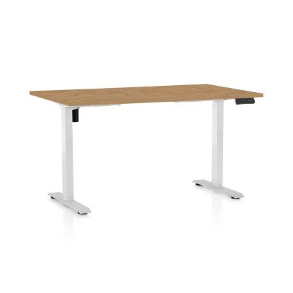 Výškově nastavitelný stůl OfficeTech B, 140 x 80 cm, bílá podnož, dub kamenný
