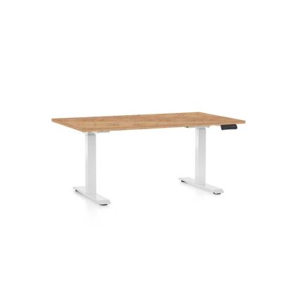 Výškově nastavitelný stůl OfficeTech C, 140 x 80 cm, bílá podnož, dub kraft