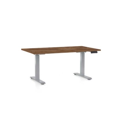 Výškově nastavitelný stůl OfficeTech D, 140 x 80 cm, šedá podnož, dub silverjack
