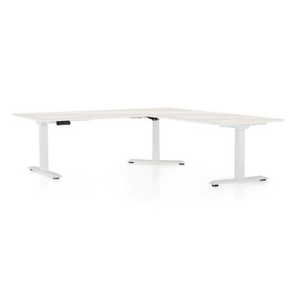 Výškově nastavitelný stůl OfficeTech Angle, 180 x 200 cm, bílá podnož, bílý jasan