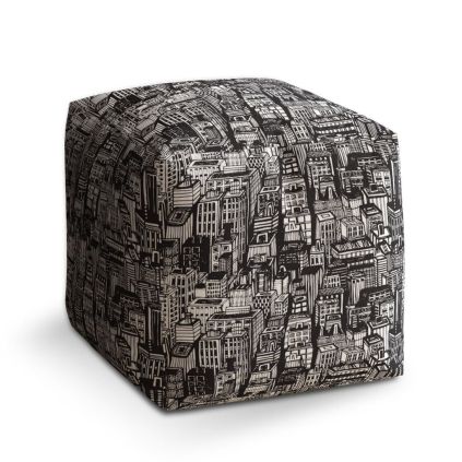 Taburet Cube kreslené mrakodrapy, černá / bílá