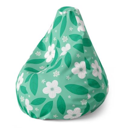 Sedací vak Pear bílé květy s lístky, zelená