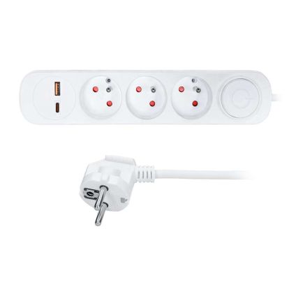 Prodlužovací kabel 3Z + USB A + USB C - 5m, vypínač, 3x1,0, bílá