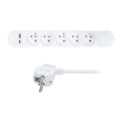Prodlužovací kabel 5Z + USB A + USB C - 3m, vypínač, 3x1,0, bílá