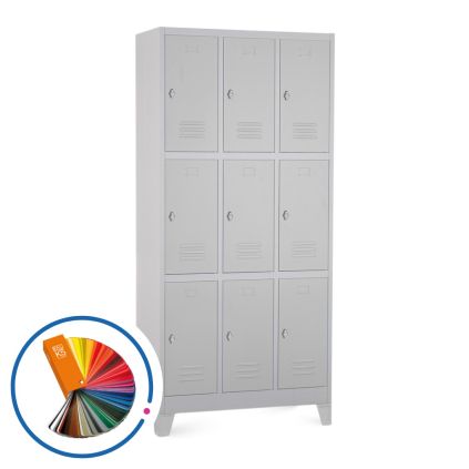 Kovová šatní skříňka - 9 boxů, 90 x 45 x 195 cm, pevné nohy, otočný zámek, libovolná RAL