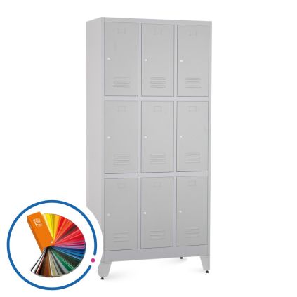 Kovová šatní skříňka - 9 boxů, 90 x 45 x 196,5 cm, nastavitelné nožky, cylindrický zámek, libovolná RAL