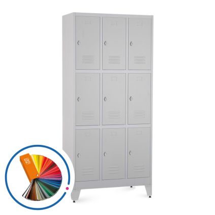 Kovová šatní skříňka - 9 boxů, 90 x 45 x 196,5 cm, nastavitelné nožky, otočný zámek, libovolná RAL