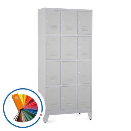 Kovová šatní skříňka - 12 boxů, 90 x 40 x 196,5 cm, nastavitelné nožky, cylindrický zámek, libovolná RAL