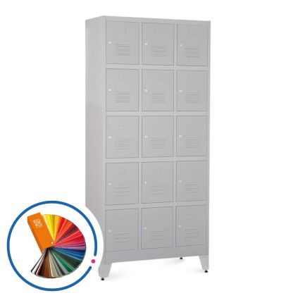 Kovová šatní skříňka - 15 boxů, 90 x 40 x 196,5 cm, nastavitelné nožky, cylindrický zámek, libovolná RAL