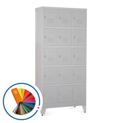 Kovová šatní skříňka - 15 boxů, 90 x 40 x 196,5 cm, nastavitelné nožky, otočný zámek, libovolná RAL